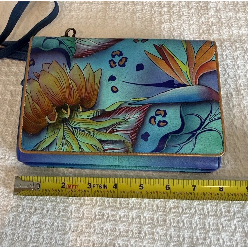 Anuschka Tropical Paradise Blue & Purple Multi Pocket Crossbody Purse